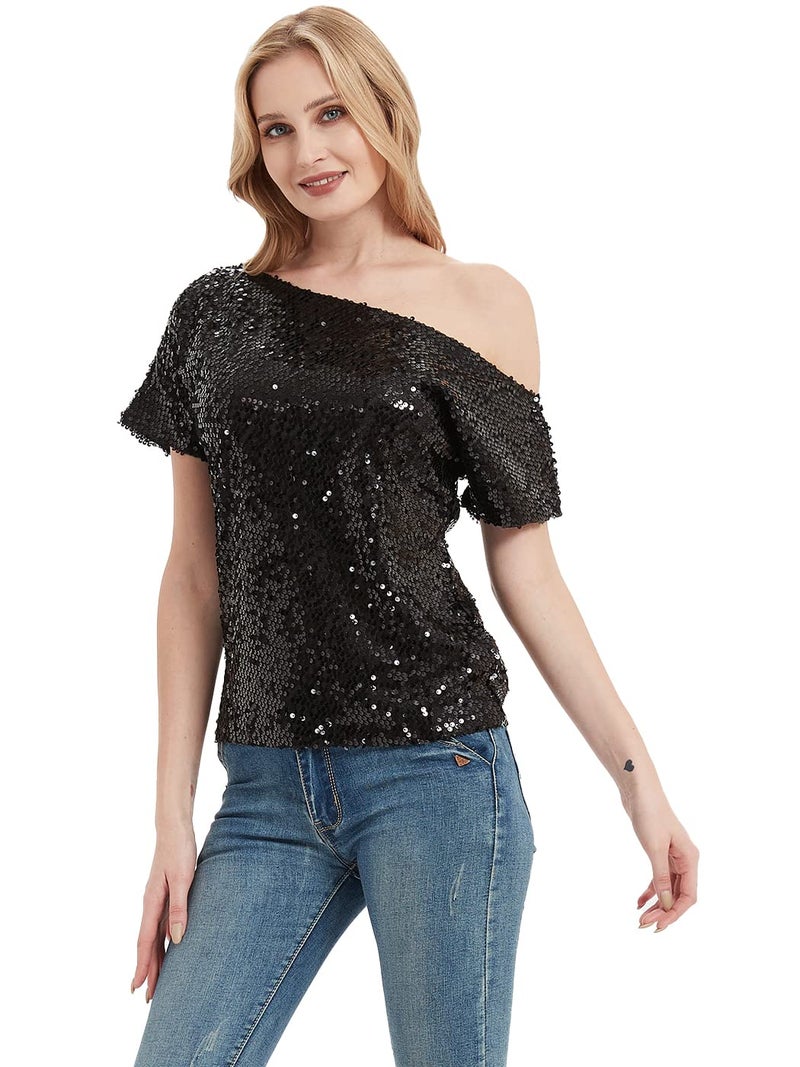 Anna-Kaci Womens Short Sleeve One Shoulder Sparkly Glitter Sequin Top Shirt Blouse, Black, X-Large - Image 3
